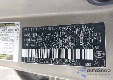 2007 Toyota Corolla Ce/Le/S z USA, uszkodzony, nr VIN 2T1BR32E17C726376